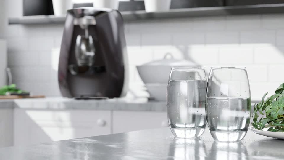 Filtered water from a BetterTap in a bright kitchen
